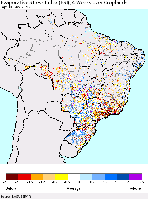 Brazil Evaporative Stress Index (ESI), 4-Weeks over Croplands Thematic Map For 5/2/2022 - 5/8/2022