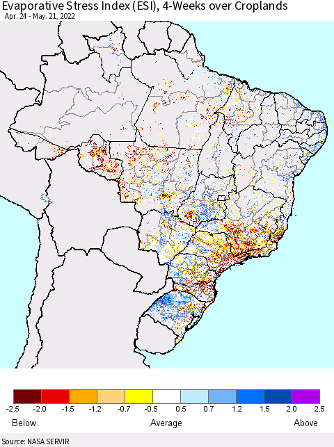 Brazil Evaporative Stress Index (ESI), 4-Weeks over Croplands Thematic Map For 5/16/2022 - 5/22/2022