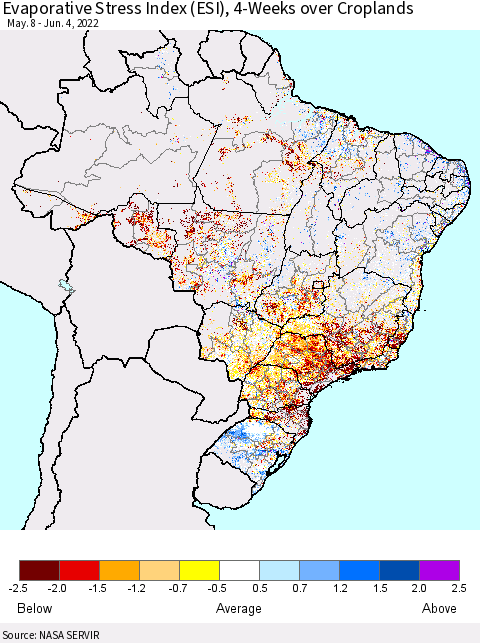 Brazil Evaporative Stress Index (ESI), 4-Weeks over Croplands Thematic Map For 5/30/2022 - 6/5/2022