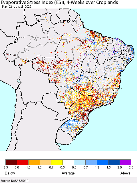 Brazil Evaporative Stress Index (ESI), 4-Weeks over Croplands Thematic Map For 6/13/2022 - 6/19/2022