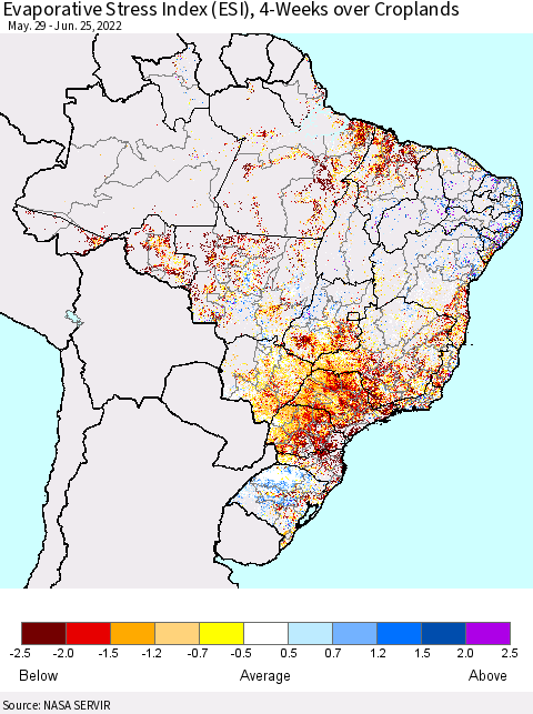 Brazil Evaporative Stress Index (ESI), 4-Weeks over Croplands Thematic Map For 6/20/2022 - 6/26/2022