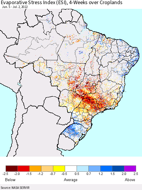 Brazil Evaporative Stress Index (ESI), 4-Weeks over Croplands Thematic Map For 6/27/2022 - 7/3/2022