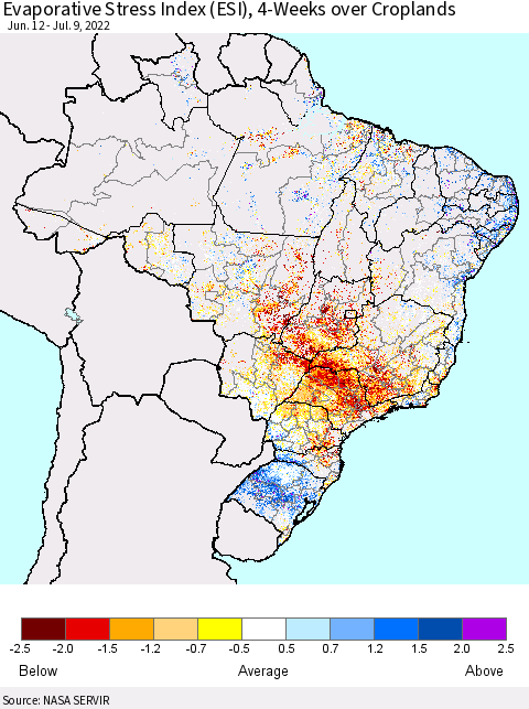 Brazil Evaporative Stress Index (ESI), 4-Weeks over Croplands Thematic Map For 7/4/2022 - 7/10/2022
