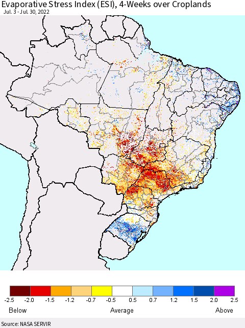 Brazil Evaporative Stress Index (ESI), 4-Weeks over Croplands Thematic Map For 7/25/2022 - 7/31/2022