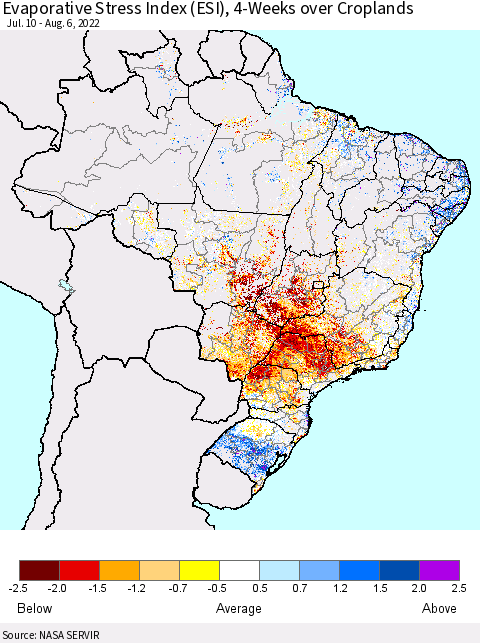 Brazil Evaporative Stress Index (ESI), 4-Weeks over Croplands Thematic Map For 8/1/2022 - 8/7/2022