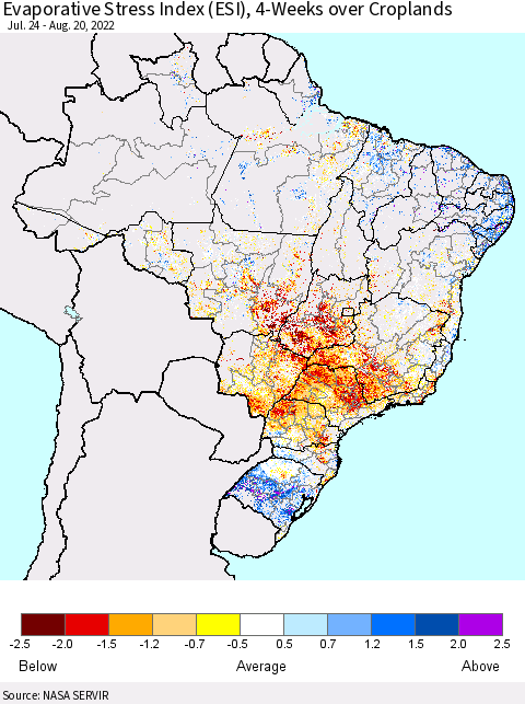 Brazil Evaporative Stress Index (ESI), 4-Weeks over Croplands Thematic Map For 8/15/2022 - 8/21/2022