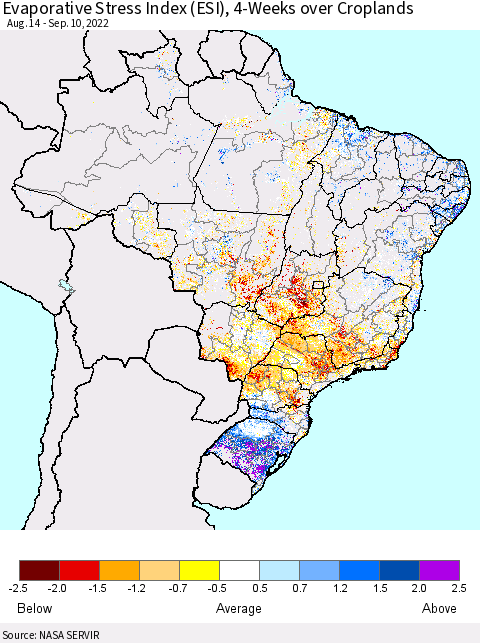 Brazil Evaporative Stress Index (ESI), 4-Weeks over Croplands Thematic Map For 9/5/2022 - 9/11/2022