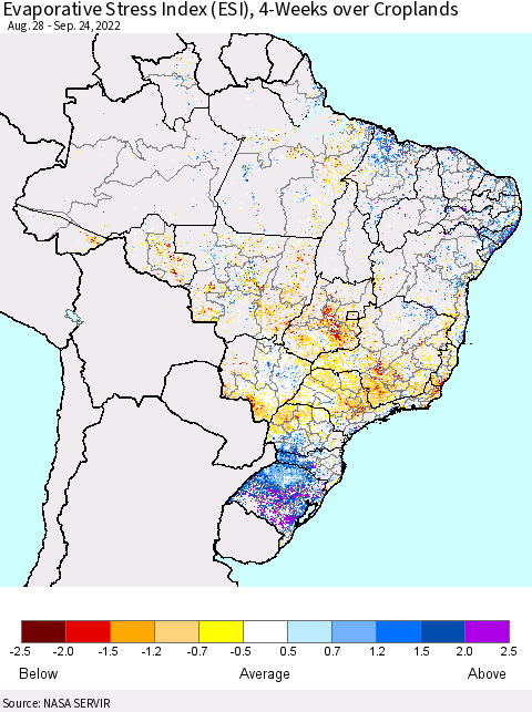 Brazil Evaporative Stress Index (ESI), 4-Weeks over Croplands Thematic Map For 9/19/2022 - 9/25/2022