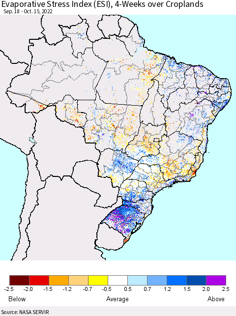 Brazil Evaporative Stress Index (ESI), 4-Weeks over Croplands Thematic Map For 10/10/2022 - 10/16/2022