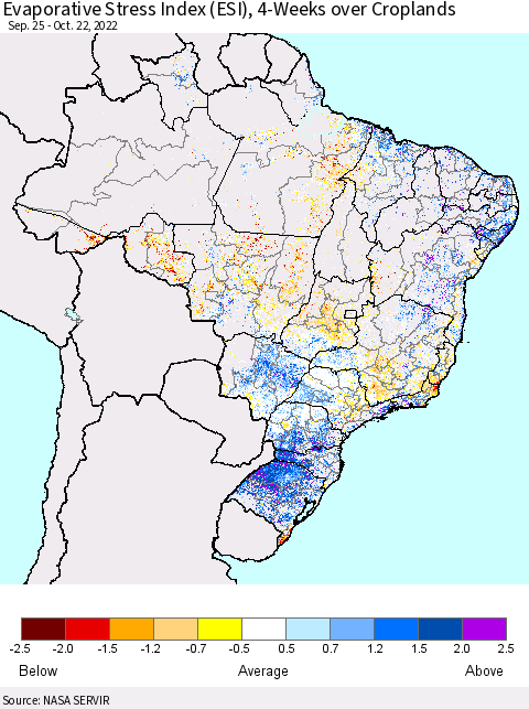 Brazil Evaporative Stress Index (ESI), 4-Weeks over Croplands Thematic Map For 10/17/2022 - 10/23/2022