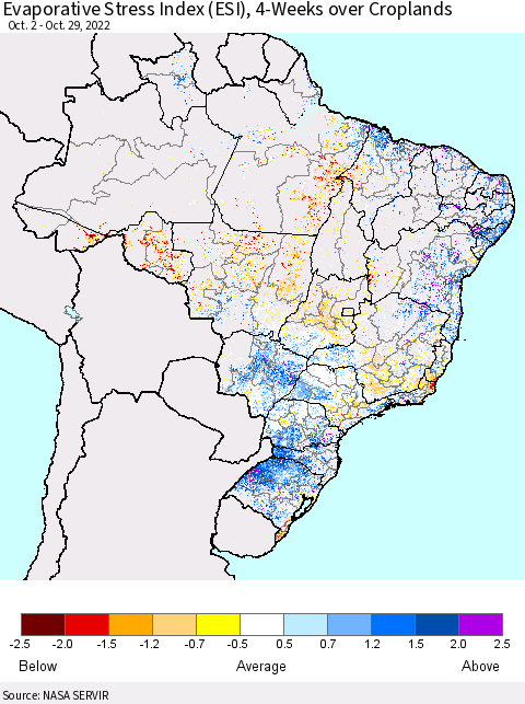 Brazil Evaporative Stress Index (ESI), 4-Weeks over Croplands Thematic Map For 10/24/2022 - 10/30/2022