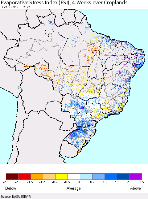 Brazil Evaporative Stress Index (ESI), 4-Weeks over Croplands Thematic Map For 10/31/2022 - 11/6/2022