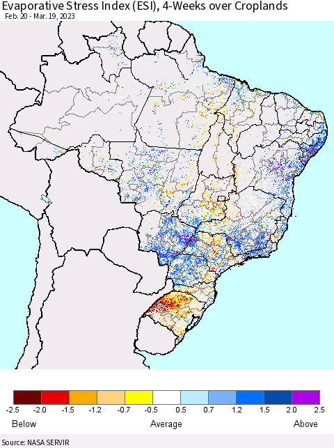 Brazil Evaporative Stress Index (ESI), 4-Weeks over Croplands Thematic Map For 3/13/2023 - 3/19/2023