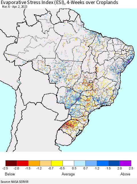 Brazil Evaporative Stress Index (ESI), 4-Weeks over Croplands Thematic Map For 3/27/2023 - 4/2/2023