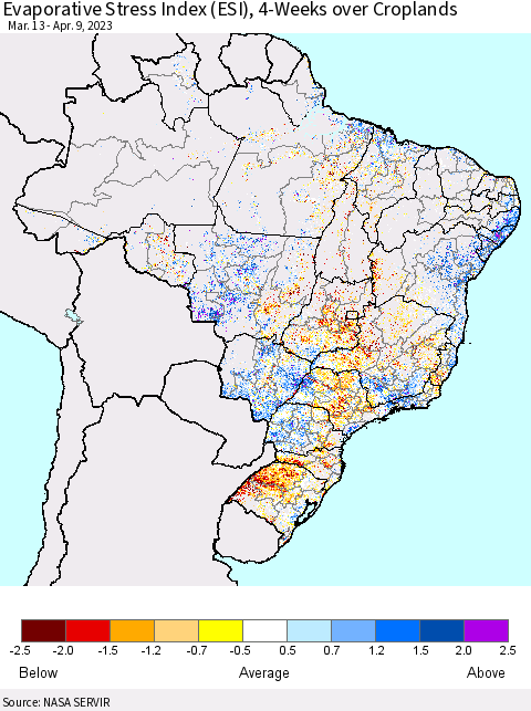 Brazil Evaporative Stress Index (ESI), 4-Weeks over Croplands Thematic Map For 4/3/2023 - 4/9/2023
