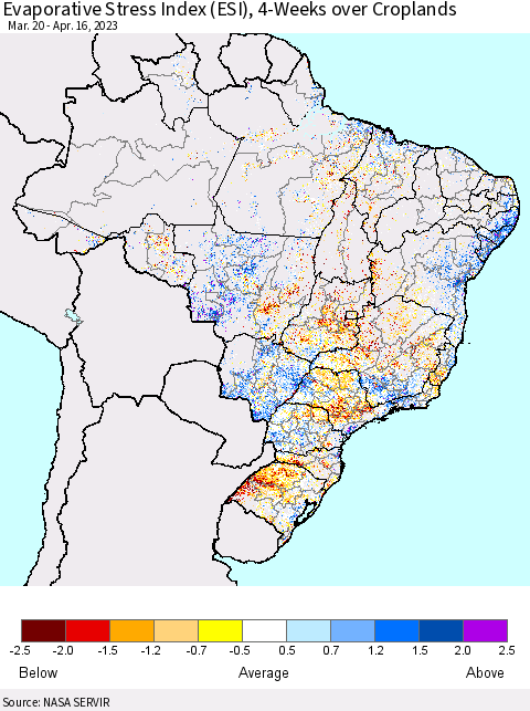 Brazil Evaporative Stress Index (ESI), 4-Weeks over Croplands Thematic Map For 4/10/2023 - 4/16/2023