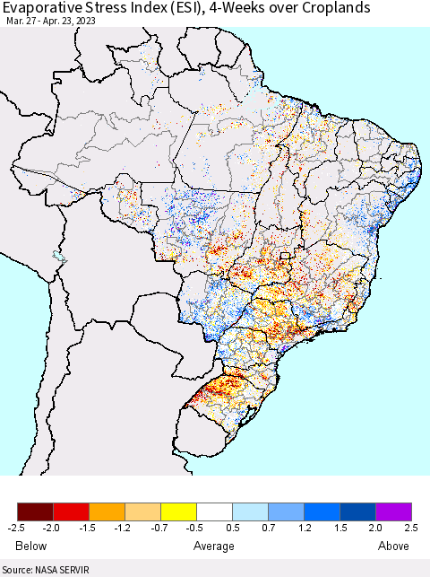 Brazil Evaporative Stress Index (ESI), 4-Weeks over Croplands Thematic Map For 4/17/2023 - 4/23/2023