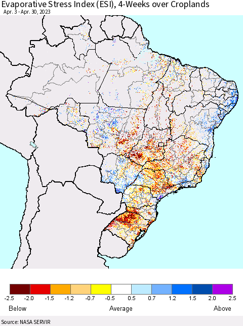 Brazil Evaporative Stress Index (ESI), 4-Weeks over Croplands Thematic Map For 4/24/2023 - 4/30/2023