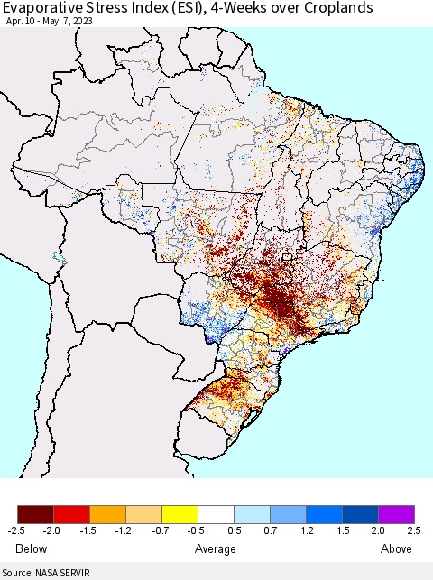 Brazil Evaporative Stress Index (ESI), 4-Weeks over Croplands Thematic Map For 5/1/2023 - 5/7/2023