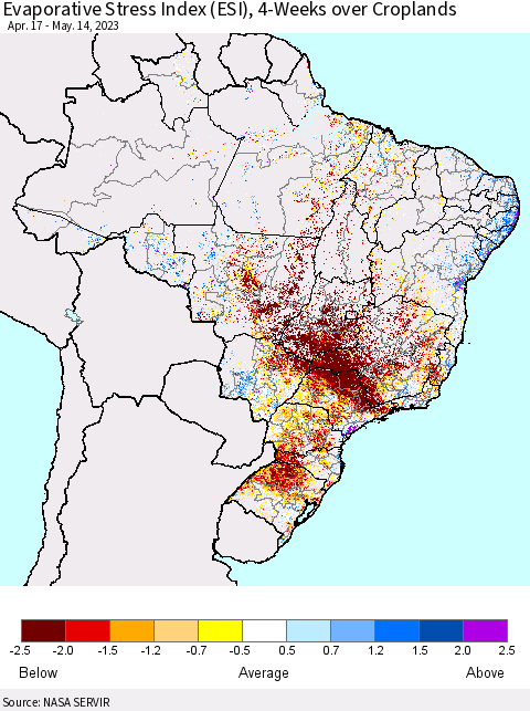 Brazil Evaporative Stress Index (ESI), 4-Weeks over Croplands Thematic Map For 5/8/2023 - 5/14/2023