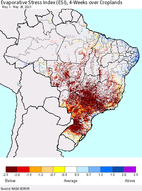 Brazil Evaporative Stress Index (ESI), 4-Weeks over Croplands Thematic Map For 5/22/2023 - 5/28/2023