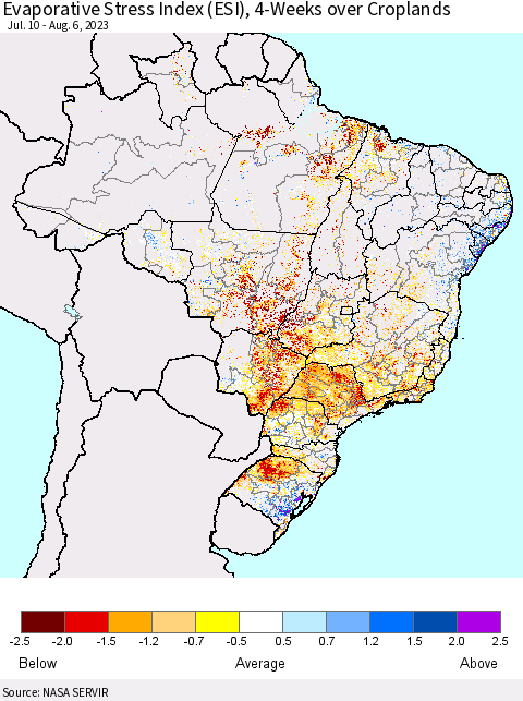 Brazil Evaporative Stress Index (ESI), 4-Weeks over Croplands Thematic Map For 7/31/2023 - 8/6/2023