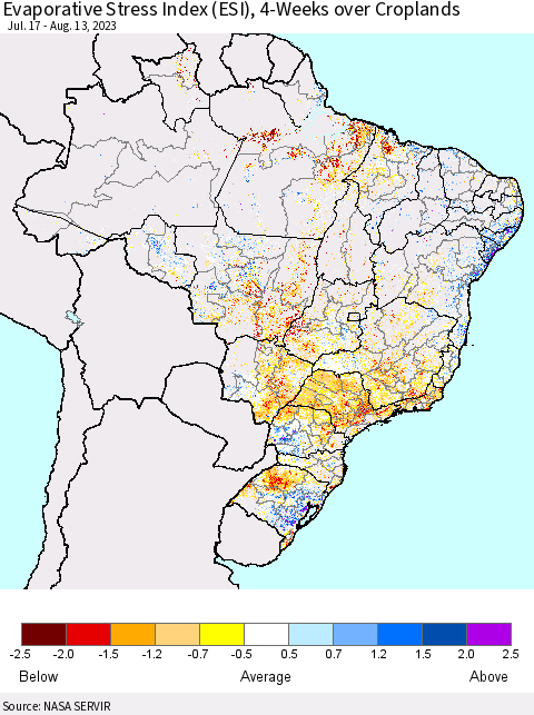 Brazil Evaporative Stress Index (ESI), 4-Weeks over Croplands Thematic Map For 8/7/2023 - 8/13/2023
