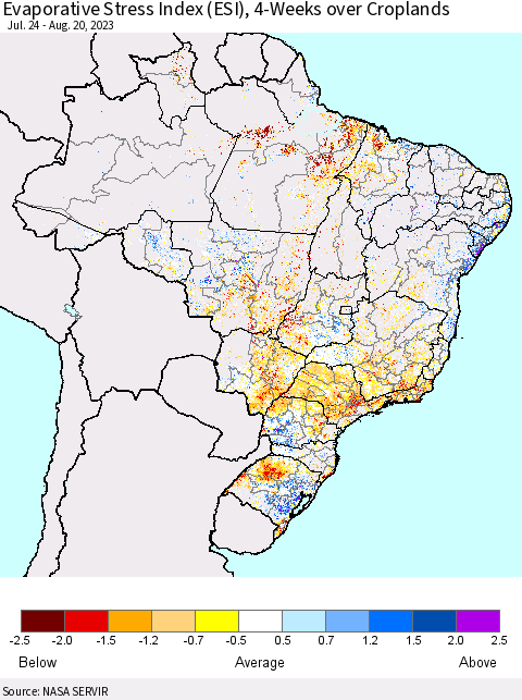 Brazil Evaporative Stress Index (ESI), 4-Weeks over Croplands Thematic Map For 8/14/2023 - 8/20/2023