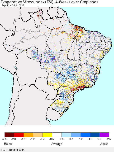 Brazil Evaporative Stress Index (ESI), 4-Weeks over Croplands Thematic Map For 10/2/2023 - 10/8/2023