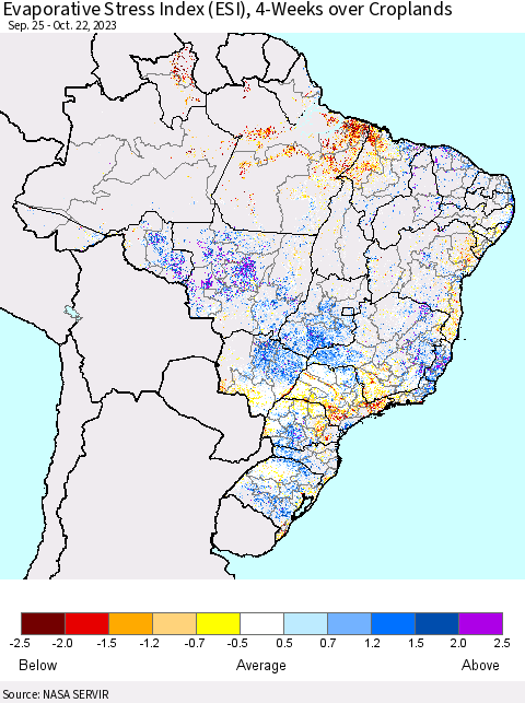 Brazil Evaporative Stress Index (ESI), 4-Weeks over Croplands Thematic Map For 10/16/2023 - 10/22/2023