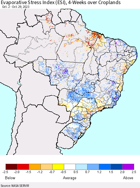 Brazil Evaporative Stress Index (ESI), 4-Weeks over Croplands Thematic Map For 10/23/2023 - 10/29/2023