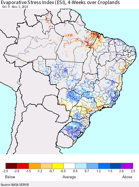 Brazil Evaporative Stress Index (ESI), 4-Weeks over Croplands Thematic Map For 10/30/2023 - 11/5/2023