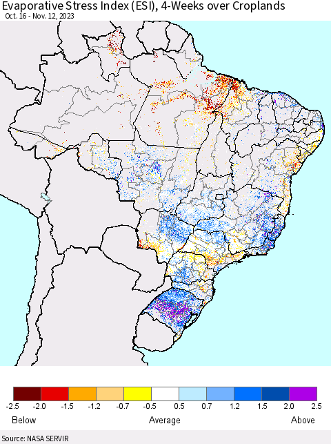 Brazil Evaporative Stress Index (ESI), 4-Weeks over Croplands Thematic Map For 11/6/2023 - 11/12/2023