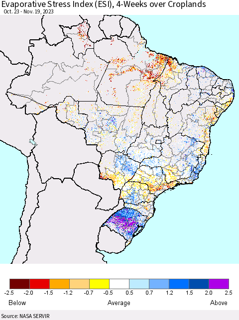 Brazil Evaporative Stress Index (ESI), 4-Weeks over Croplands Thematic Map For 11/13/2023 - 11/19/2023