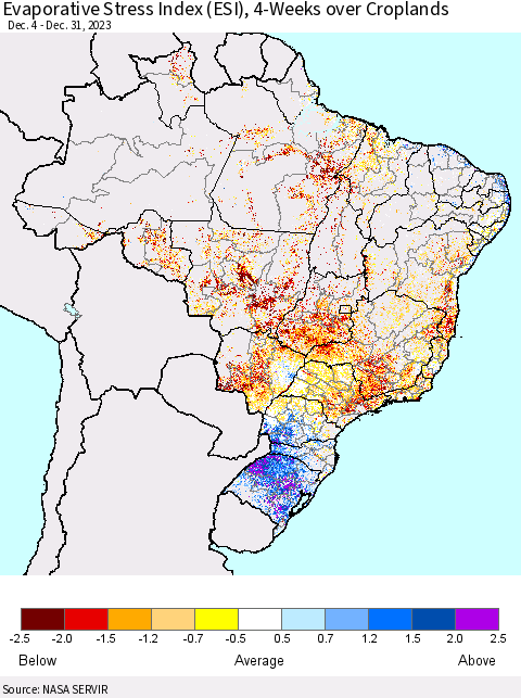 Brazil Evaporative Stress Index (ESI), 4-Weeks over Croplands Thematic Map For 12/25/2023 - 12/31/2023