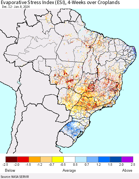 Brazil Evaporative Stress Index (ESI), 4-Weeks over Croplands Thematic Map For 1/8/2024 - 1/14/2024