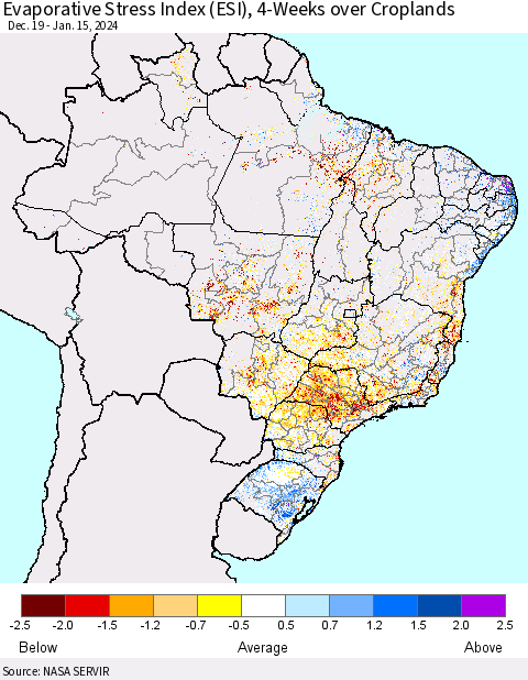 Brazil Evaporative Stress Index (ESI), 4-Weeks over Croplands Thematic Map For 1/15/2024 - 1/21/2024