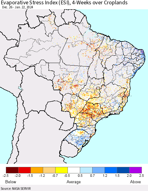 Brazil Evaporative Stress Index (ESI), 4-Weeks over Croplands Thematic Map For 1/22/2024 - 1/28/2024