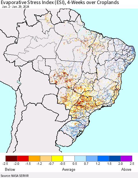 Brazil Evaporative Stress Index (ESI), 4-Weeks over Croplands Thematic Map For 1/29/2024 - 2/4/2024