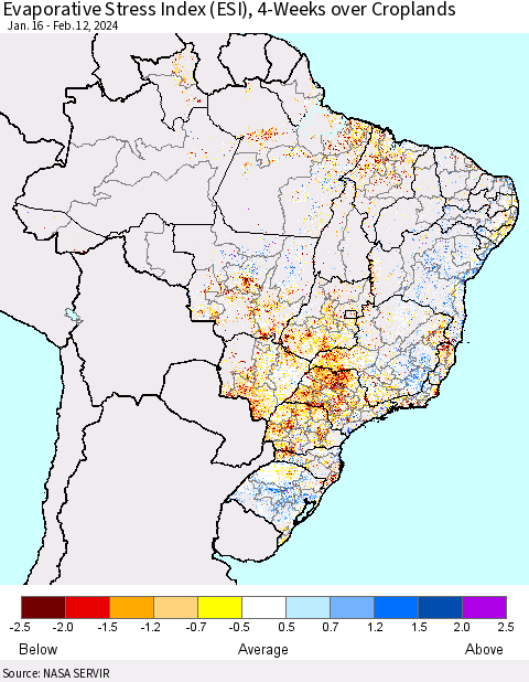 Brazil Evaporative Stress Index (ESI), 4-Weeks over Croplands Thematic Map For 2/12/2024 - 2/18/2024