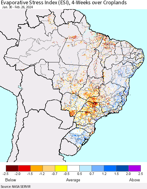 Brazil Evaporative Stress Index (ESI), 4-Weeks over Croplands Thematic Map For 2/26/2024 - 3/3/2024
