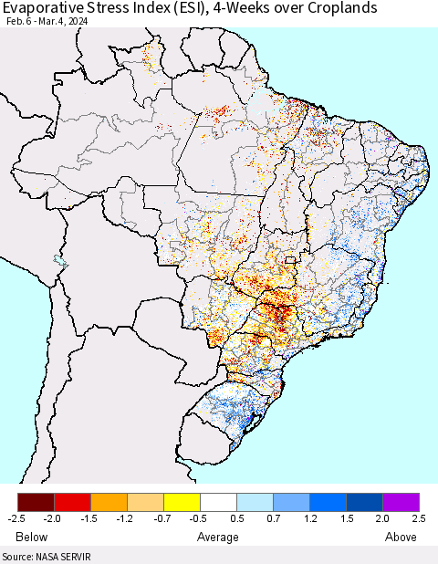 Brazil Evaporative Stress Index (ESI), 4-Weeks over Croplands Thematic Map For 3/4/2024 - 3/10/2024