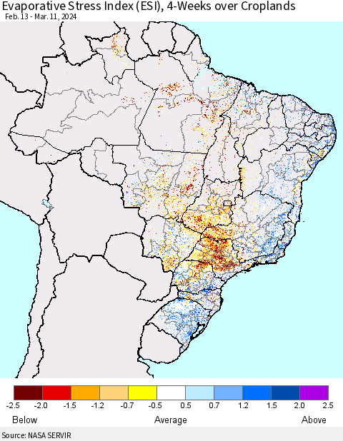Brazil Evaporative Stress Index (ESI), 4-Weeks over Croplands Thematic Map For 3/11/2024 - 3/17/2024