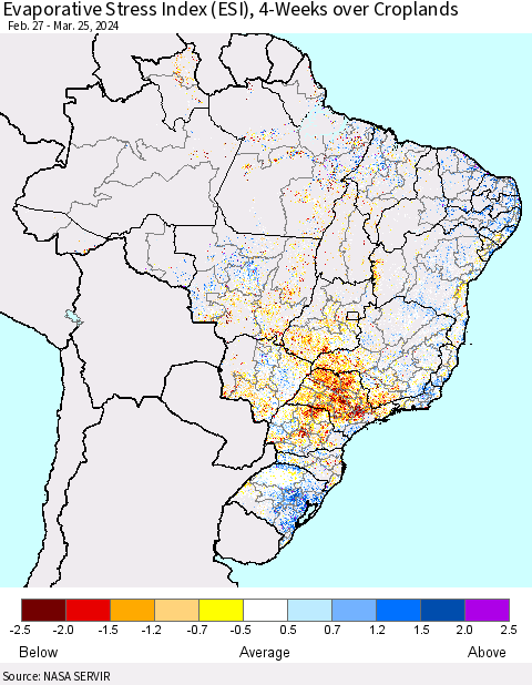 Brazil Evaporative Stress Index (ESI), 4-Weeks over Croplands Thematic Map For 3/25/2024 - 3/31/2024