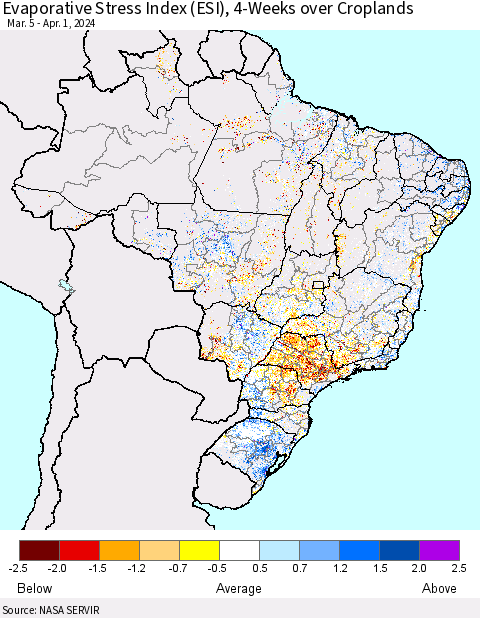Brazil Evaporative Stress Index (ESI), 4-Weeks over Croplands Thematic Map For 4/1/2024 - 4/7/2024