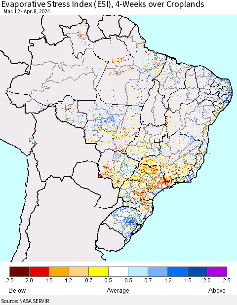 Brazil Evaporative Stress Index (ESI), 4-Weeks over Croplands Thematic Map For 4/8/2024 - 4/14/2024