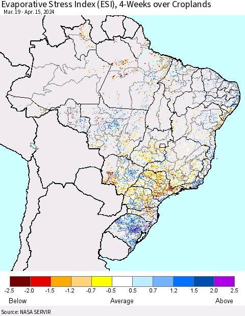 Brazil Evaporative Stress Index (ESI), 4-Weeks over Croplands Thematic Map For 4/15/2024 - 4/21/2024