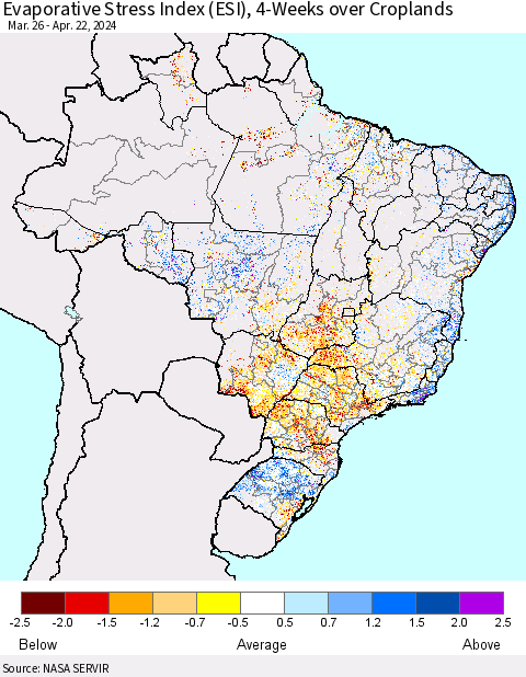 Brazil Evaporative Stress Index (ESI), 4-Weeks over Croplands Thematic Map For 4/22/2024 - 4/28/2024