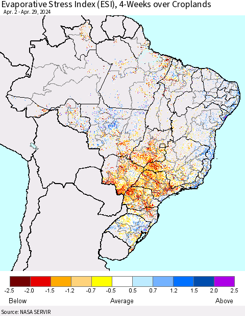 Brazil Evaporative Stress Index (ESI), 4-Weeks over Croplands Thematic Map For 4/29/2024 - 5/5/2024