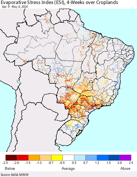 Brazil Evaporative Stress Index (ESI), 4-Weeks over Croplands Thematic Map For 5/6/2024 - 5/12/2024